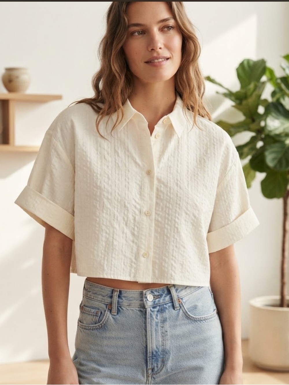 NWT Zara Textured Cropped Short Sleeve Button Down Shirt Cream Off White Size M